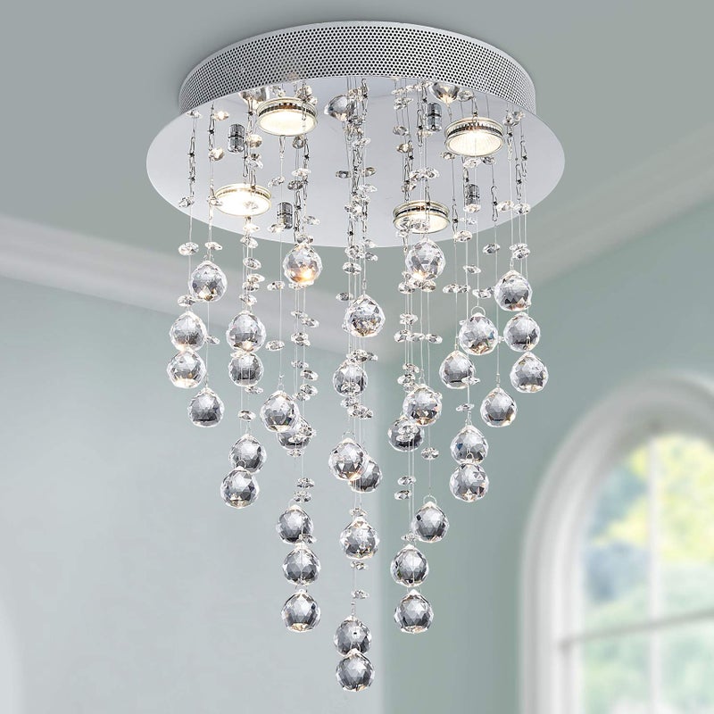 Bestier Modern Crystal Round Raindrop Chandelier Lighting Flush Mount LED Ceiling Light Fixture Pendant Lamp for Dining Room Bathroom Bedroom Livingroom 4 GU10 Bulbs Required 14 in Wide 20 inch High - Image 1
